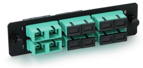 Панель FO-FPM-W120H32-12LC-AQ для FO-19BX с 12 LC адаптерами, 12 волокон, многомод OM3/OM4, 120x32 мм, адаптеры цвета аква (aqua) | 47885 | Hyperline title=