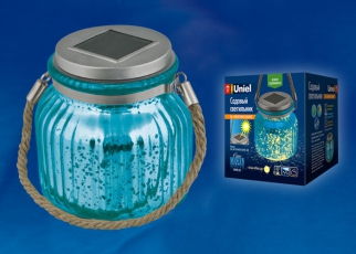Cветильник садовый декоративный на солнечной батарее USL-M-210/GN120 BLUE JAR Теплый 4000К, 1*АА Ni-Mh акк. в/к. IP44 | UL-00003208 | Uniel title=